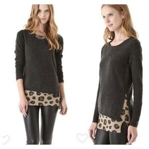 Rebecca Taylor Wool Cashmere Charcoal Sweater Leopard Hem Layered Look Size L